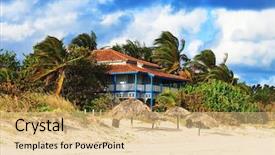  Presentation with house - Presentation design featuring architecture green coconut - beautiful house on the sandy background and a coral colored foreground