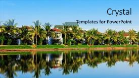  Presentation with beautiful sheet of cannabis marijuana - Theme enhanced with architecture green coconut - beautiful villas on the shore background and a  colored foreground