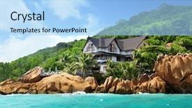  Presentation with hotel - PPT theme having architecture green coconut - hotel on tropical beach la background and a light blue colored foreground