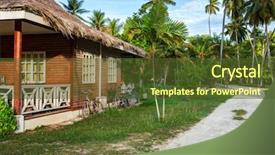  Presentation with old house - PPT layouts consisting of architecture green coconut - traditional old house in island background and a tawny brown colored foreground
