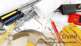  Presentation with building plans - Cool new PPT theme with architecture hardware - assorted work tools on building backdrop and a yellow colored foreground