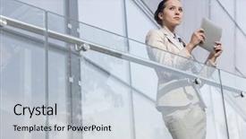  Presentation with railing - Colorful presentation design enhanced with architecture hardware - beautiful young businesswoman holding tablet backdrop and a lemonade colored foreground