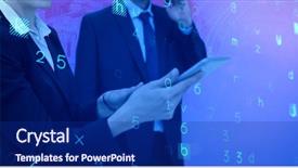  Presentation with tablet - Slides with architecture hardware - businesswoman using tablet while colleagues background and a navy blue colored foreground