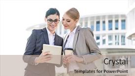  Presentation with mechanic inspection tablet - Colorful slide set enhanced with architecture hardware - happy businesswomen using tablet pc backdrop and a  colored foreground