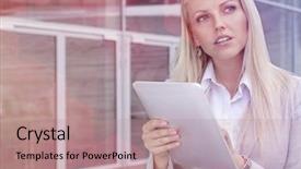  Presentation with using digital tablet - PPT theme featuring architecture hardware - thoughtful businesswoman using digital tablet background and a coral colored foreground