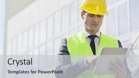  Presentation with digital industry - Beautiful presentation theme featuring architecture hardware - young male engineer using digital backdrop and a light gray colored foreground