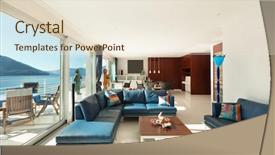  Presentation with living room - Colorful PPT layouts enhanced with architecture interior modern apartment wide backdrop and a sky blue colored foreground