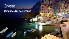  Presentation with resort - Cool new slide set with architecture-of-riomaggiore-resort backdrop and a navy blue colored foreground