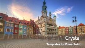  Presentation with poland - Amazing PPT theme having architecture of the main square backdrop and a violet colored foreground