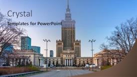  Presentation with culture - Audience pleasing presentation design consisting of architecture-of-warsaw backdrop and a light blue colored foreground