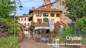  Presentation with architecture old - Presentation theme enhanced with architecture old - narrow street and houses background and a coral colored foreground