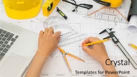  Presentation with hand tools - Slides with architecture planning - hand over construction plans background and a soft green colored foreground