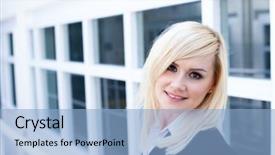  Presentation with standing strong - Presentation theme consisting of architecture themes - attractive young blonde woman standing background and a light blue colored foreground