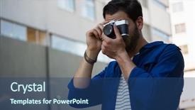  Presentation with camera - PPT theme enhanced with architecture themes - young man photographing through camera background and a ocean colored foreground