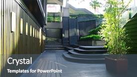  Presentation with building - PPT theme consisting of architecture wood - courtyard outside the building background and a ocean colored foreground