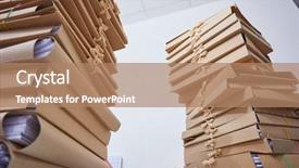  Presentation with tan book stack stacks of books - Presentation theme featuring archive moving - stacks of paper files background and a  colored foreground