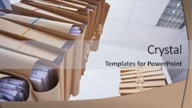  Presentation with tan book stack stacks of books - Theme having archive moving - stacks of paper files background and a  colored foreground