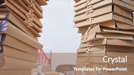  Presentation with tan book stack stacks of books - PPT theme featuring archive moving - stacks of paper files background and a  colored foreground