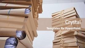  Presentation with tan book stack stacks of books - Beautiful PPT theme featuring archive moving - stacks of paper files backdrop and a  colored foreground