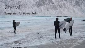  Presentation with surfing - PPT theme consisting of arctic-surfers-going-by-beach background and a light gray colored foreground