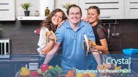  Presentation with green bananas hanging on banana - Theme with are fed bananas midle age background and a ocean colored foreground