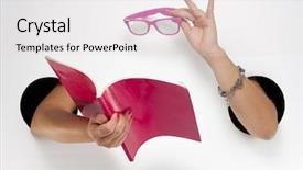  Presentation with book glasses - Theme having are holding a pink book background and a light gray colored foreground
