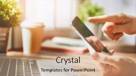  Presentation with assistive device - PPT theme having are working with mobile device background and a coral colored foreground