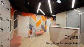  Presentation with water dispenser - Amazing presentation theme having area with desk benches locker backdrop and a coral colored foreground