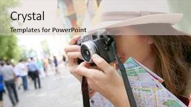  Presentation with tourist - Cool new slide set with argentina attraction - tourist taking picutre in la backdrop and a soft green colored foreground
