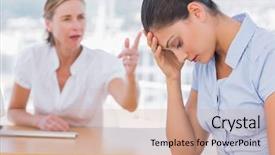  Presentation with farewell for colleague - Presentation theme enhanced with argue - businesswoman arguing with a worried background and a coral colored foreground