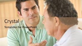  Presentation with room - Presentation theme having arguement - two men sitting in living background and a coral colored foreground