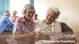  Presentation with trainee nurse sitting by female - Theme having arm chair in nursing home background and a violet colored foreground