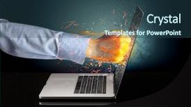  Presentation with laptop screen frame - PPT theme with arm hitting strongly laptop screen background and a  colored foreground