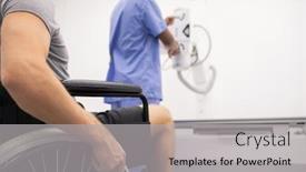  Presentation with broken leg - Cool new PPT theme with arm of sick sportsman with broken leg sitting on wheelchair in front of doctor using new medical equipment backdrop and a light gray colored foreground