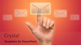  Presentation with press - Beautiful PPT theme featuring arm-press-the-button-icon backdrop and a coral colored foreground