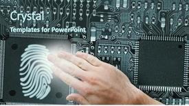  Presentation with printed circuit - Slides with arm processor - hand touching against printed circuit background and a ocean colored foreground