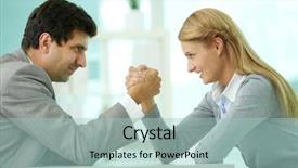  Presentation with meeting table - Colorful presentation design enhanced with competitor profile - man and woman in arm backdrop and a mint green colored foreground