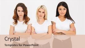  Presentation with group of three young girl - PPT layouts featuring standing together with arms folded background and a lemonade colored foreground