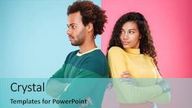  Presentation with sad - Beautiful PPT theme featuring woman mad - sad unhappy african young couple backdrop and a  colored foreground