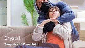  Presentation with young man and a woman - PPT theme featuring thief terrorism violence burglar burglary - armed man assaulting young woman background and a coral colored foreground