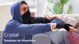  Presentation with man and woman - Audience pleasing slide deck consisting of armed-man-assaulting-young-woman backdrop and a ocean colored foreground