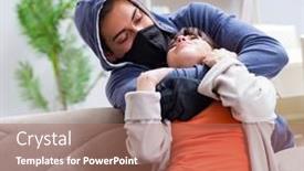  Presentation with young man and a woman - Cool new slide set with armed-man-assaulting-young-woman backdrop and a coral colored foreground