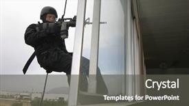  Presentation with military - Presentation theme having armed man in military uniform background and a dark gray colored foreground