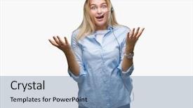  Presentation with business success - PPT theme with armed services - young caucasian business woman wearing background and a teal colored foreground