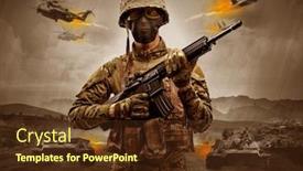  Presentation with sniper - Presentation featuring armed soldier with sniper in the middle of a war background and a tawny brown colored foreground