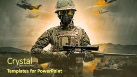  Presentation with sniper - Colorful presentation theme enhanced with armed soldier with sniper in the middle of a war backdrop and a tawny brown colored foreground