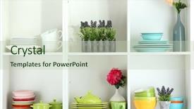  Presentation with balloon decor - Colorful PPT theme enhanced with home storage - beautiful white shelves with tableware backdrop and a mint green colored foreground