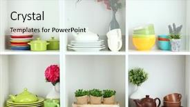  Presentation with tableware - Amazing presentation design having beautiful white shelves with tableware and decor backdrop and a sky blue colored foreground
