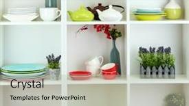  Presentation with tableware - PPT theme having beautiful white shelves with tableware and decor background and a light gray colored foreground