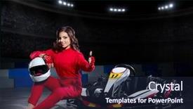  Presentation with group of three young girl - Beautiful PPT layouts featuring armored vehicle - young girl karting racer backdrop and a wine colored foreground